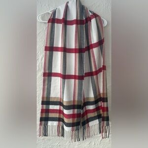 Made in Scotland wide 100% cashmere red, tan, black plaid scarf, fringe detail